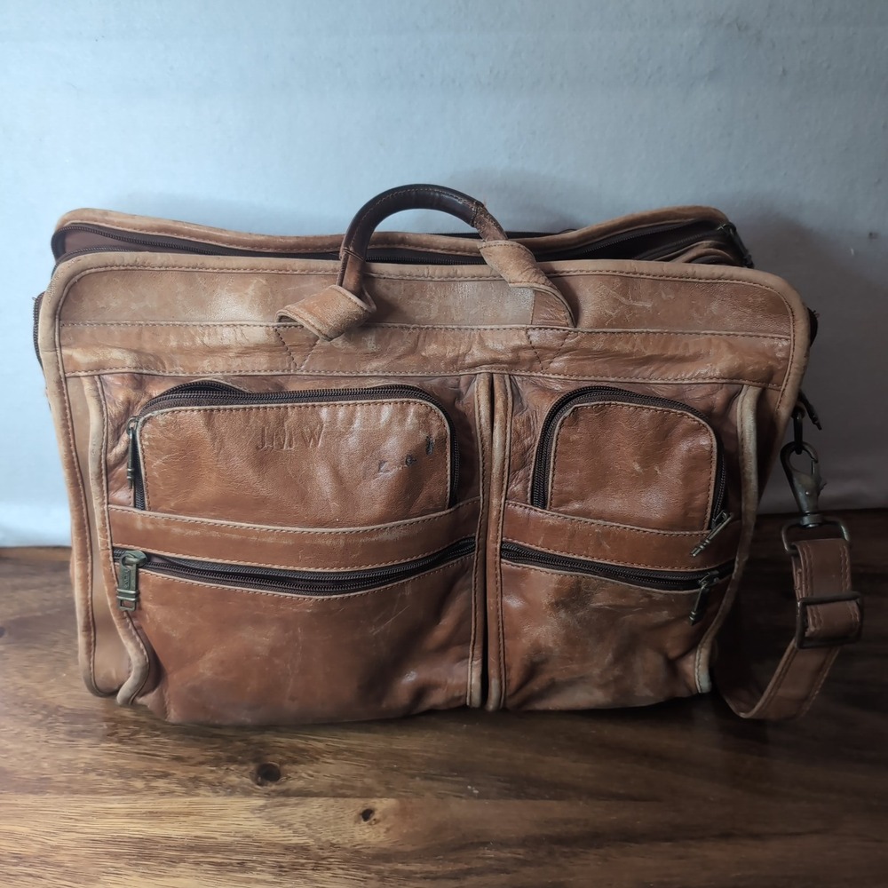 Vintage Tumi Tan Leather Briefcase Messenger Bag Multi Pocket Laptop Travel Bag